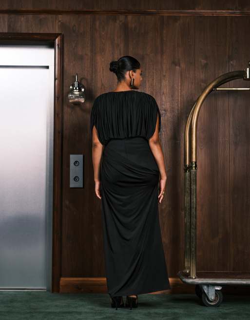 ASOS DESIGN Curve - Vestito lungo nero con spalle strutturate e corsetto a vista, 4 di 4