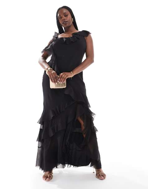 ASOS DESIGN Curve - Vestito lungo nero con spalline asimmetriche con volant - view 1
