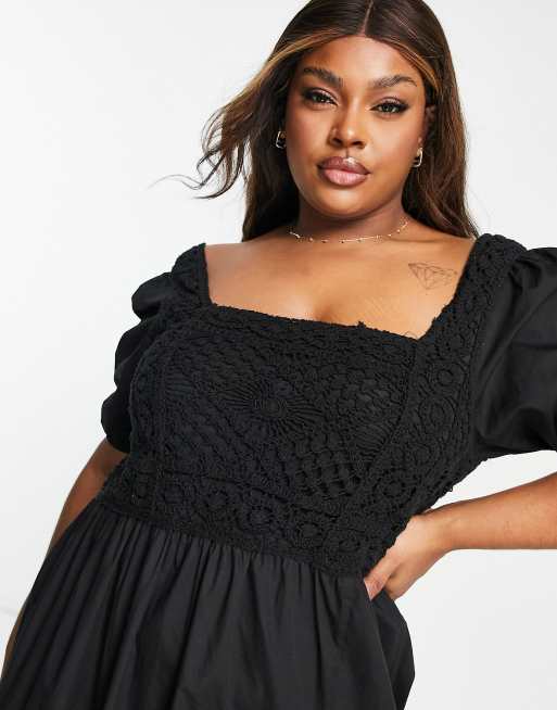 ASOS DESIGN Curve - Vestito lungo nero in popeline di cotone con inserto all'uncinetto , 3 di 4