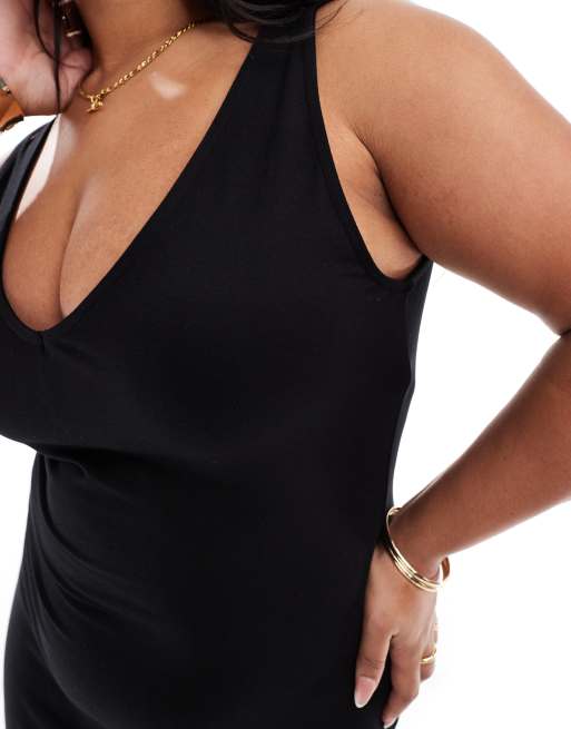 ASOS DESIGN Curve - Vestito lungo nero minimal con scollatura stile anni '90, 3 di 4