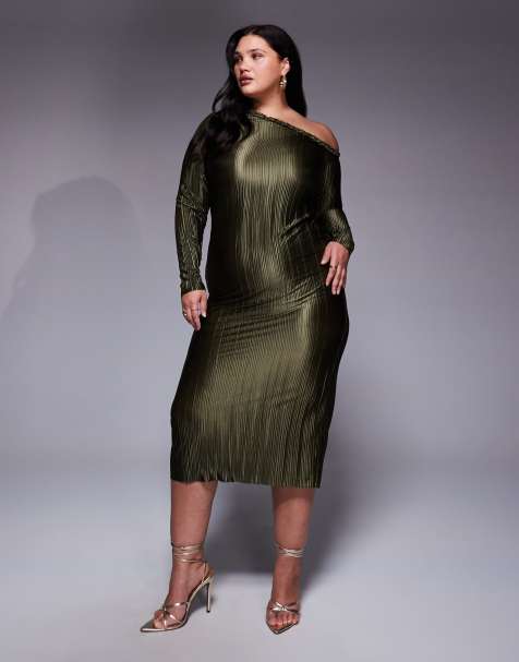 ASOS DESIGN Curve - Vestito lungo plissé kaki con scollo a pieghe - view 1