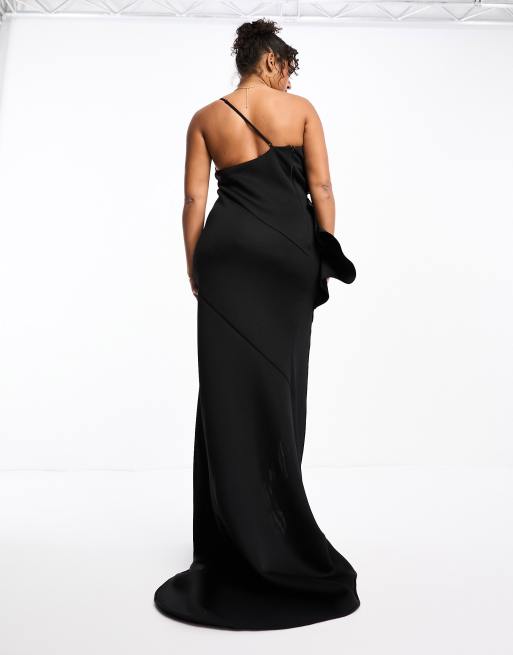ASOS DESIGN Curve - Vestito lungo premium a fascia nero con dettaglio a ventaglio e strascico, 3 di 4
