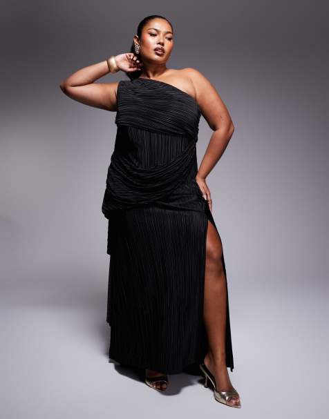 ASOS DESIGN Curve - Vestito lungo premium drappeggiato plissé monospalla nero con allacciatura - view 1