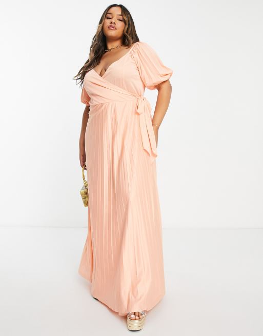 ASOS DESIGN Curve - Vestito lungo raccolto color albicocca con maniche a sbuffo - ORANGE, 4 di 4