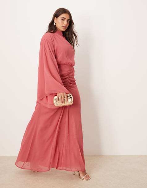 ASOS DESIGN Curve - Vestito lungo rosa intenso con gonna arricciata e maniche voluminose - view 1