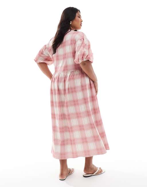 ASOS DESIGN Curve - Vestito lungo rosso a quadri allacciato sul davanti con maniche a sbuffo, 4 di 4