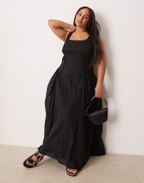 ASOS DESIGN Curve - Vestito lungo stile country nero con vita scesa e scollo squadrato - view 1