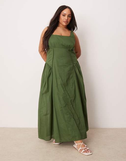ASOS DESIGN Curve - Vestito lungo stile country verde bosco con vita scesa e scollo squadrato