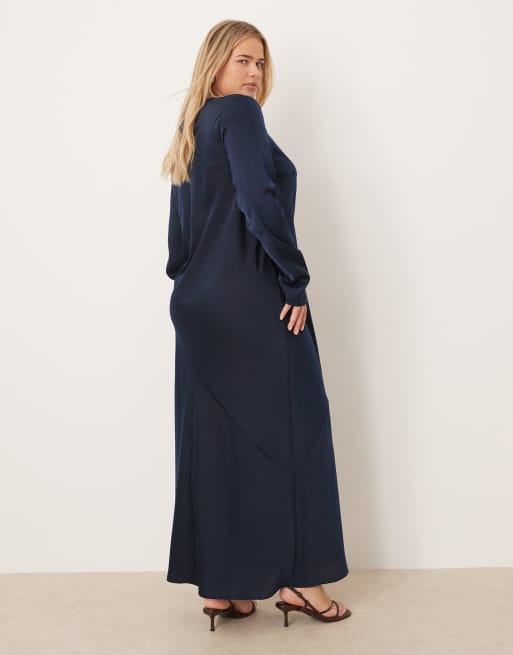 ASOS DESIGN Curve - Vestito lungo stile sottoveste in raso opaco blu navy scuro con cuciture, 3 di 4
