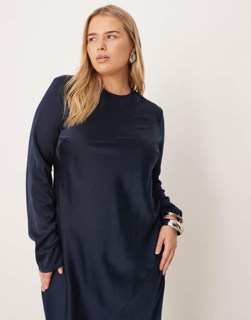 ASOS DESIGN Curve - Vestito lungo stile sottoveste in raso opaco blu navy scuro con cuciture, 4 di 4