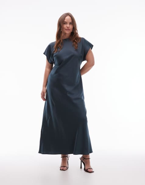 ASOS DESIGN Curve - Vestito lungo stile sottoveste in raso verde con cuciture a vista e maniche ad aletta - view 1