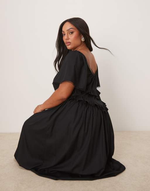 ASOS DESIGN Curve - Vestito lungo stretto in vita nero con maniche con volant, 2 di 4