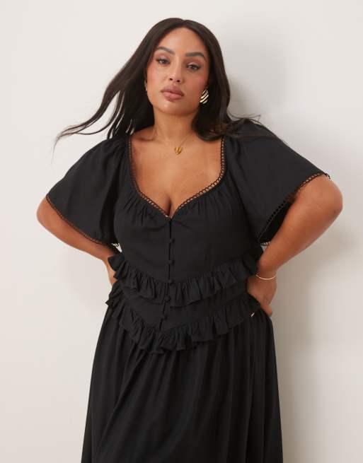 ASOS DESIGN Curve - Vestito lungo stretto in vita nero con maniche con volant, 3 di 4