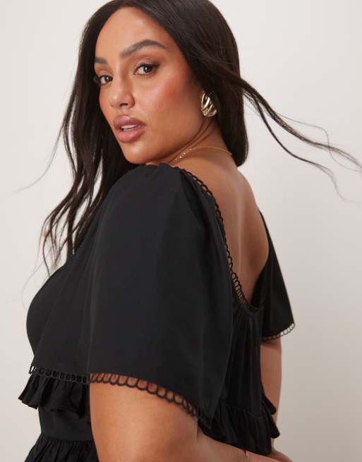 ASOS DESIGN Curve - Vestito lungo stretto in vita nero con maniche con volant, 4 di 4