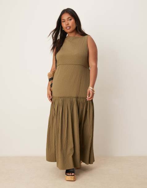 ASOS DESIGN Curve - Vestito lungo stropicciato con scollo a barchetta e cuciture a vista - view 1