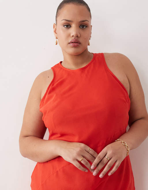 ASOS DESIGN Curve - Vestito lungo taglio sbieco rosso con scollo a vogatore e fondo godet, 3 di 4