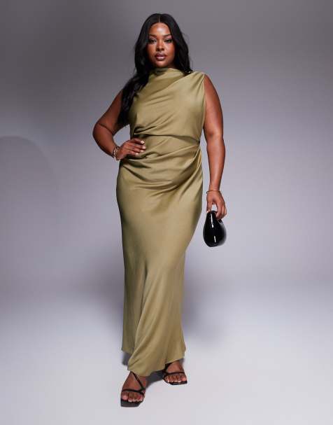 ASOS DESIGN Curve - Vestito lungo verde oliva con corpino drappeggiato e scollo ad anello sulla schiena - view 1