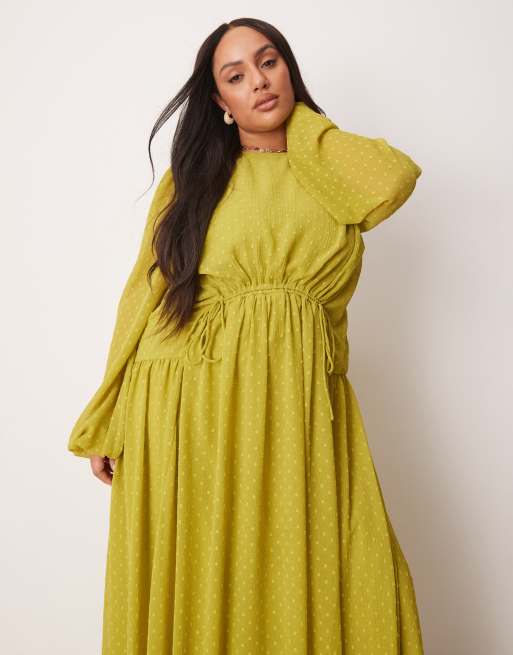 ASOS DESIGN Curve - Vestito lungo verde pallido plumetis con coulisse, 4 di 4