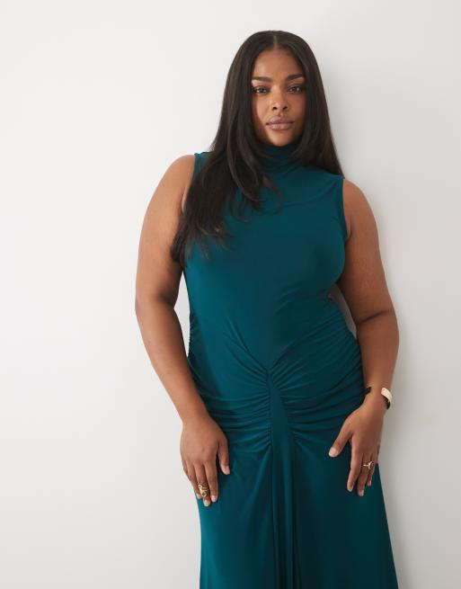ASOS DESIGN Curve vestito maxi a colonna con collo alto e dettaglio godet in petrolio, 2 di 4