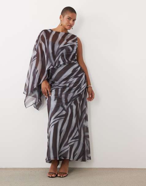 ASOS DESIGN Curve vestito maxi asimmetrico con una manica e maniche a pipistrello drappeggiate con stampa zebrata astratta - view 1