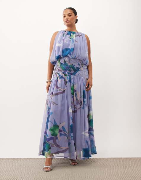 ASOS DESIGN Curve vestito maxi con dettaglio in vita drappeggiato, arricciato e con stampa floreale sfumata - view 1