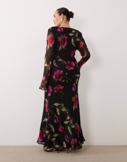 ASOS DESIGN Curve vestito maxi in chiffon con scollo ad anello a fiori dark pink, 3 di 4
