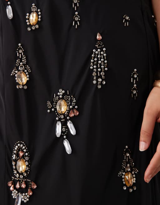 ASOS DESIGN Curve vestito maxi nero con scollo a V e applicazioni gioiello, 2 di 4