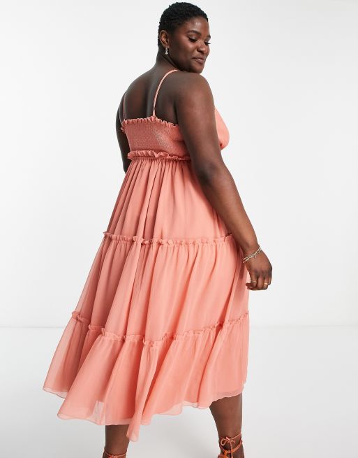 ASOS DESIGN Curve - Vestito midi a balze con bottoni e finiture in pizzo rosa, 3 di 4