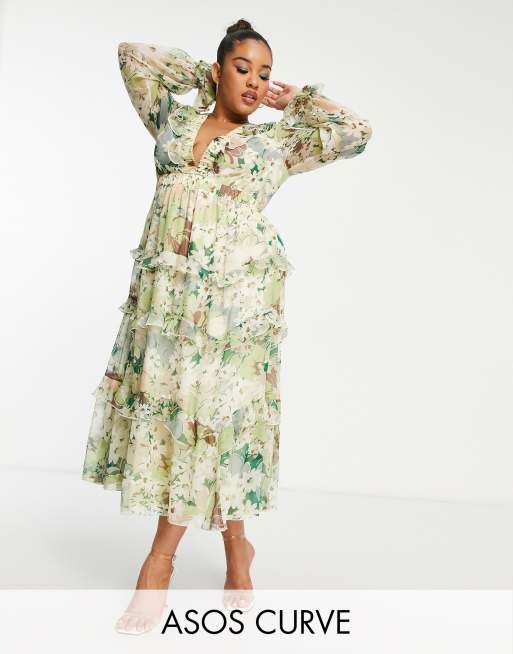ASOS DESIGN Curve - Vestito midi a balze con volant e vita elasticizzata a fiori con allacciatura sul retro