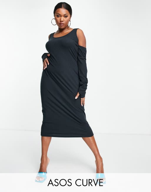 ASOS DESIGN Curve - Vestito midi a colonna a coste con maniche a guanto senza dita 