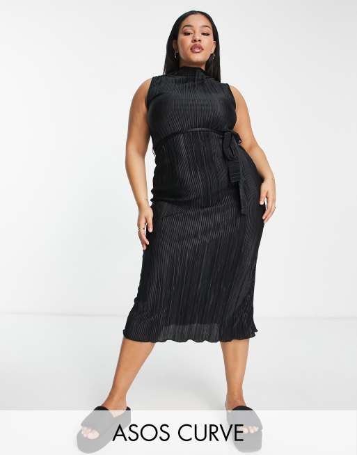 ASOS DESIGN Curve - Vestito midi a colonna plissé nero senza maniche con cintura in tessuto