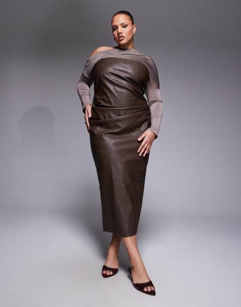 ASOS DESIGN Curve - Vestito midi a fascia color cioccolato con spalla scesa in similpelle PU - view 1