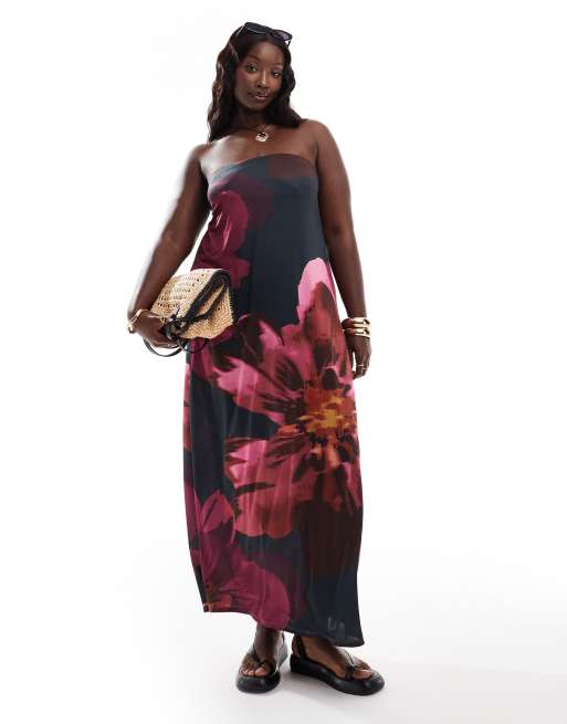 ASOS DESIGN Curve - Vestito midi a fascia con taglio a colonna e stampa a fiori oversize