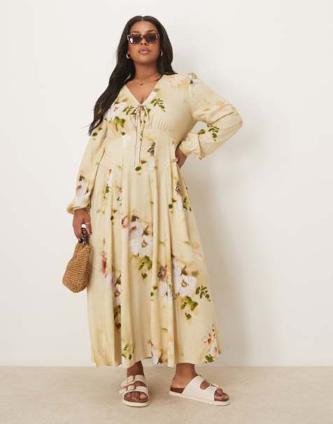ASOS DESIGN Curve - Vestito midi a maniche lunghe con scollo a V crema a fiori con laccetti sul davanti - view 1