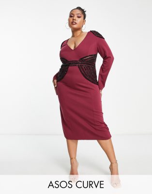 ASOS DESIGN Curve - Vestito midi a maniche lunghe decorato color prugna con scollo profondo