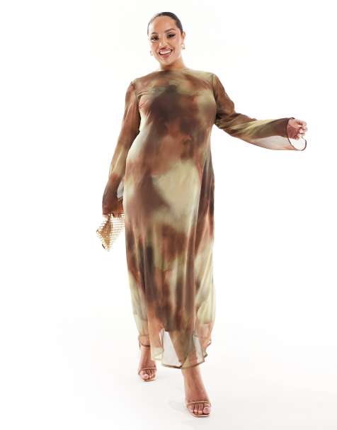 ASOS DESIGN Curve - Vestito midi a maniche lunghe in chiffon cioccolato con stampa sfocata - view 1