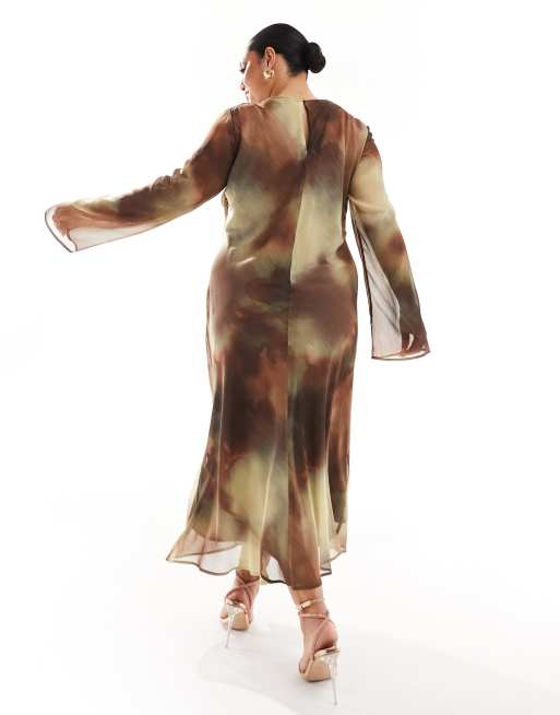 ASOS DESIGN Curve - Vestito midi a maniche lunghe in chiffon cioccolato con stampa sfocata, 4 di 4