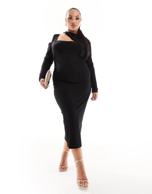 ASOS DESIGN Curve - Vestito midi a maniche lunghe nero con dettaglio allacciato al collo
