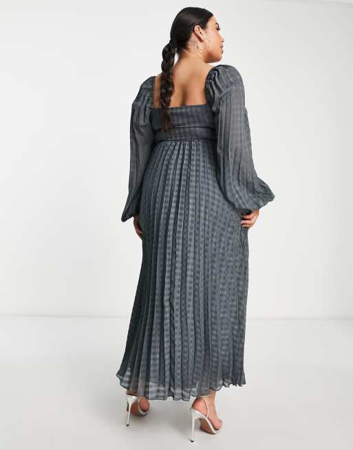 ASOS DESIGN Curve - Vestito midi a pieghe con bustino ricamato a maniche lunghe grigio scuro, 2 di 4