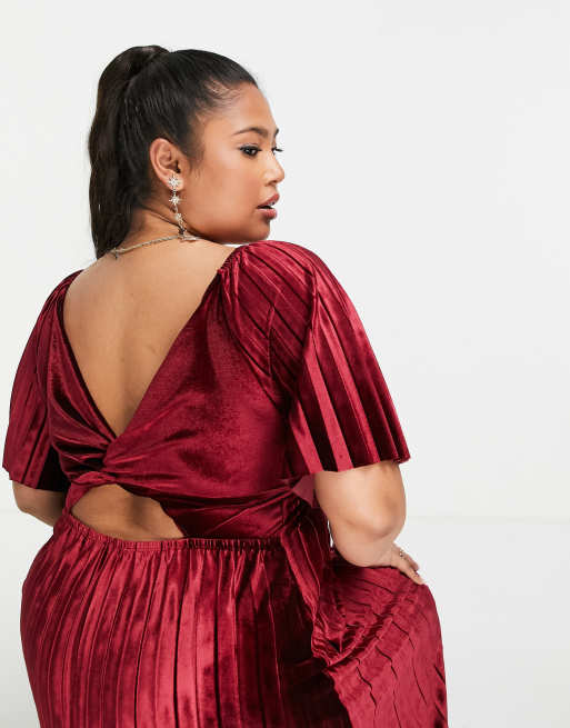 ASOS DESIGN Curve - Vestito midi a pieghe con vita stile impero e incrocio sul retro rosso, 3 di 4