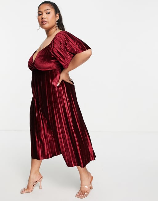 ASOS DESIGN Curve - Vestito midi a pieghe con vita stile impero e incrocio sul retro rosso, 4 di 4