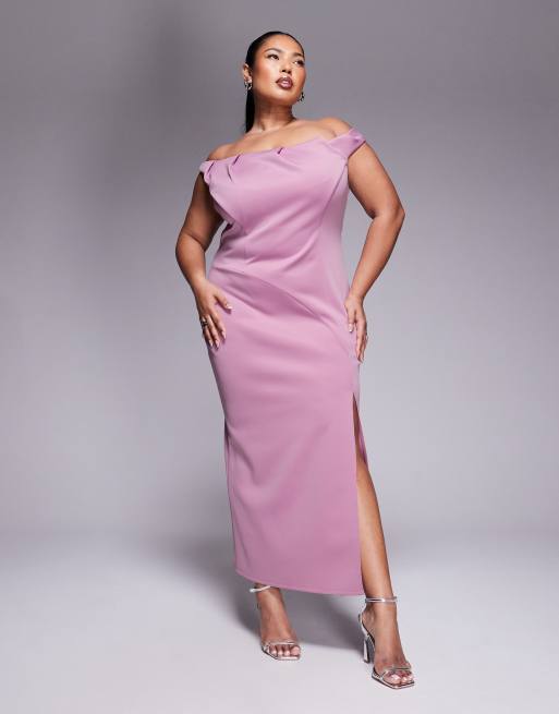ASOS DESIGN Curve - Vestito midi a pieghe in tessuto scuba con scollo Bardot rosa