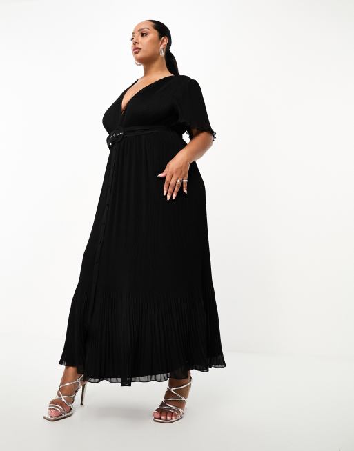 ASOS DESIGN Curve - Vestito midi a pieghe nero con maniche con volant e cintura, 3 di 4