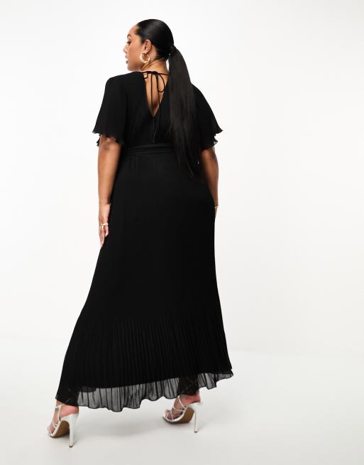 ASOS DESIGN Curve - Vestito midi a pieghe nero con maniche con volant e cintura, 4 di 4