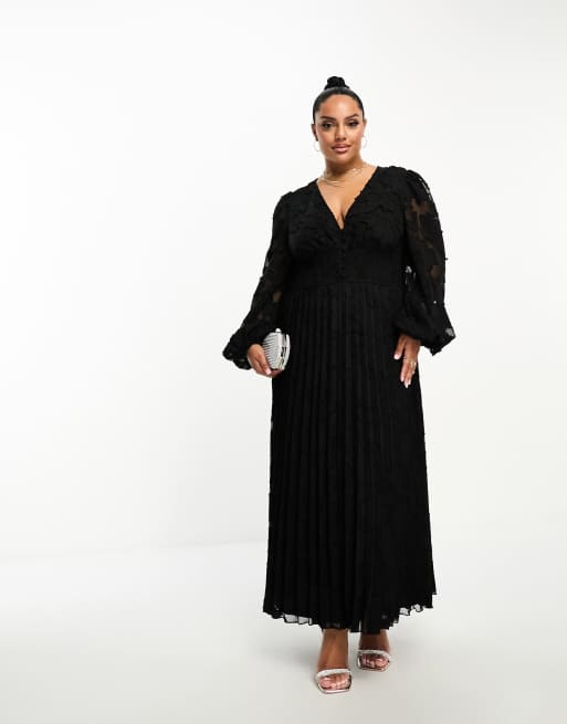 ASOS DESIGN Curve - Vestito midi a pieghe nero dévoré con vita arricciata e bottoni