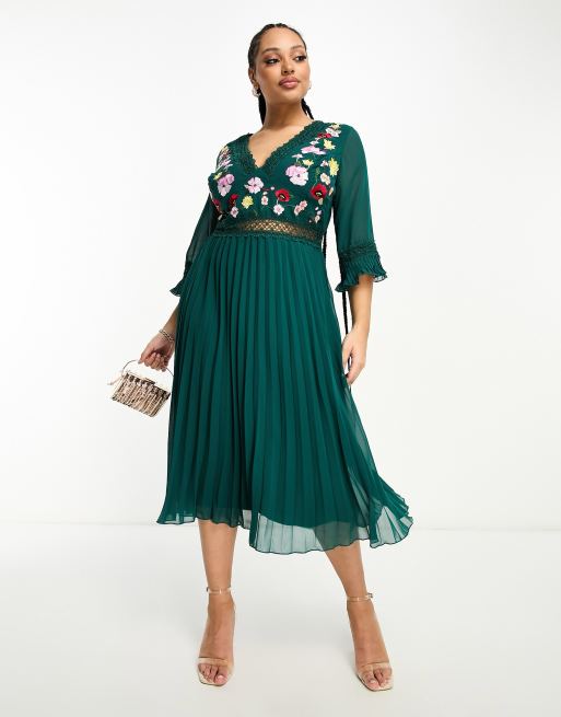 ASOS DESIGN Curve - Vestito midi a pieghe verde bosco con ricami e inserti in pizzo