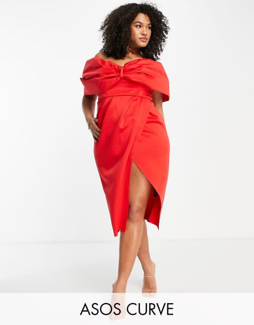 ASOS DESIGN Curve - Vestito midi a portafoglio a pieghe con spalle scoperte rosso