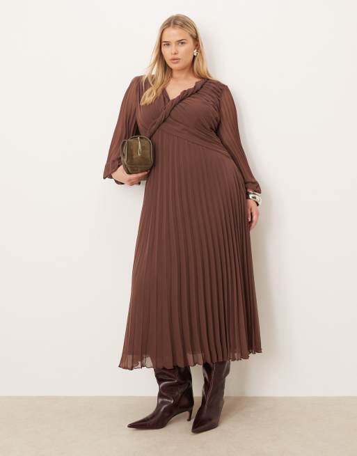 ASOS DESIGN Curve - Vestito midi a portafoglio blu con stampa astratta, pieghe e dettaglio attorcigliato