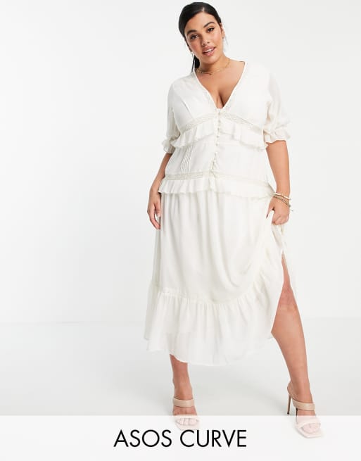 ASOS DESIGN Curve - Vestito midi a strati con inserti in pizzo e bottoni avorio