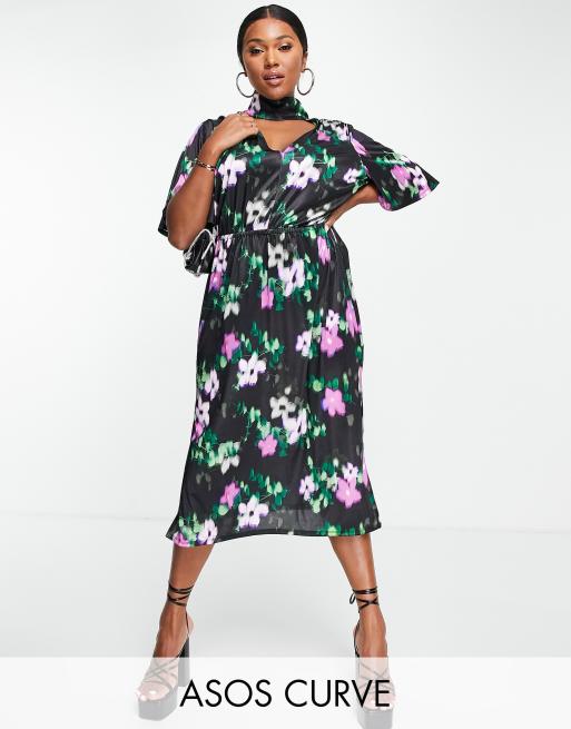 ASOS DESIGN Curve - Vestito midi accollato con cut-out in raso a fiori